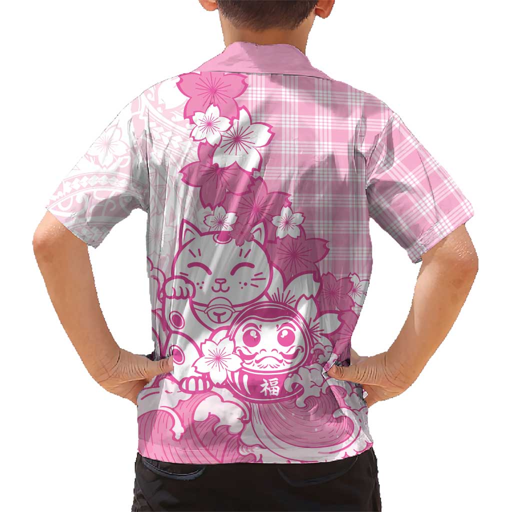 Pink Palaka Hawaiian And Japanese Family Matching Off The Shoulder Long Sleeve Dress and Hawaiian Shirt Maneki Neko And Sakura Bloom