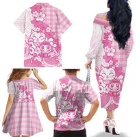 Pink Palaka Hawaiian And Japanese Family Matching Off The Shoulder Long Sleeve Dress and Hawaiian Shirt Maneki Neko And Sakura Bloom