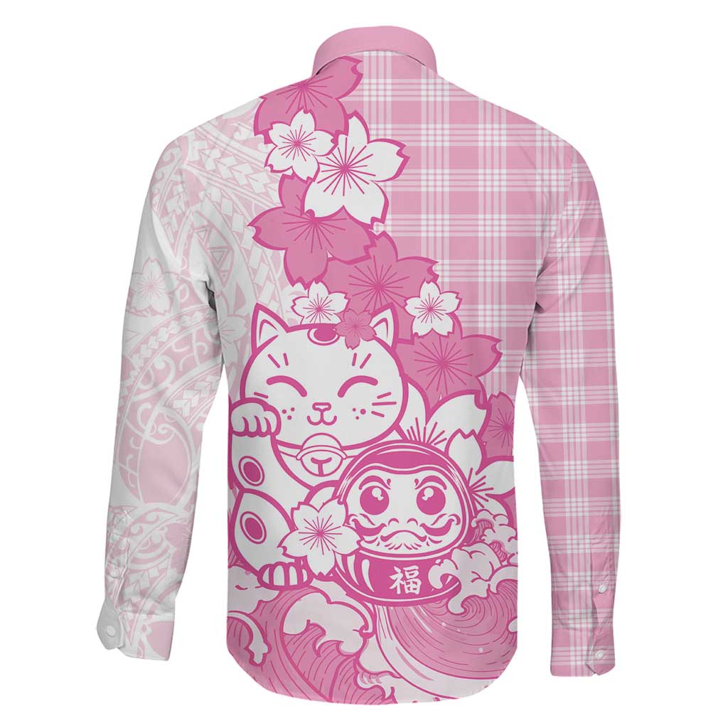 Pink Palaka Hawaiian And Japanese Family Matching Off The Shoulder Long Sleeve Dress and Hawaiian Shirt Maneki Neko And Sakura Bloom