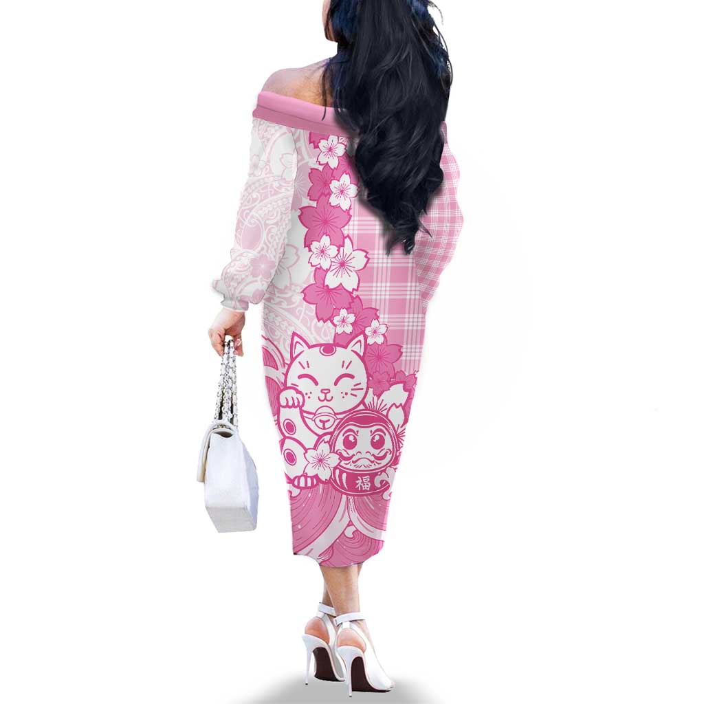 Pink Palaka Hawaiian And Japanese Family Matching Off The Shoulder Long Sleeve Dress and Hawaiian Shirt Maneki Neko And Sakura Bloom
