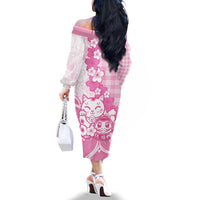 Pink Palaka Hawaiian And Japanese Family Matching Off The Shoulder Long Sleeve Dress and Hawaiian Shirt Maneki Neko And Sakura Bloom