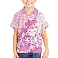 Pink Palaka Hawaiian And Japanese Family Matching Off The Shoulder Long Sleeve Dress and Hawaiian Shirt Maneki Neko And Sakura Bloom
