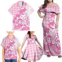 Pink Palaka Hawaiian And Japanese Family Matching Off Shoulder Maxi Dress and Hawaiian Shirt Maneki Neko And Sakura Bloom