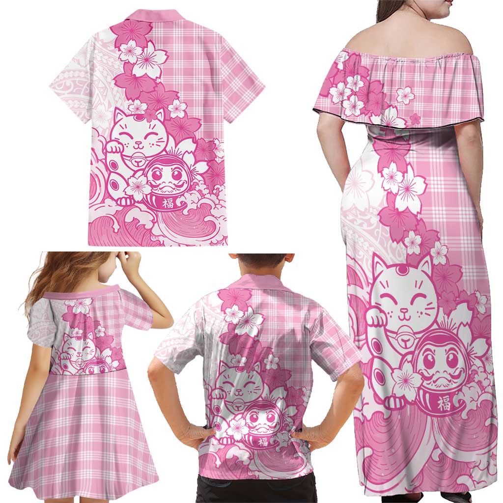 Pink Palaka Hawaiian And Japanese Family Matching Off Shoulder Maxi Dress and Hawaiian Shirt Maneki Neko And Sakura Bloom