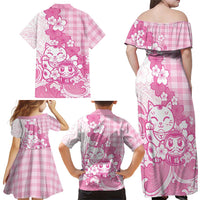 Pink Palaka Hawaiian And Japanese Family Matching Off Shoulder Maxi Dress and Hawaiian Shirt Maneki Neko And Sakura Bloom