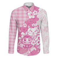 Pink Palaka Hawaiian And Japanese Family Matching Off Shoulder Maxi Dress and Hawaiian Shirt Maneki Neko And Sakura Bloom
