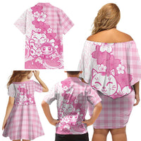 Pink Palaka Hawaiian And Japanese Family Matching Off Shoulder Short Dress and Hawaiian Shirt Maneki Neko And Sakura Bloom