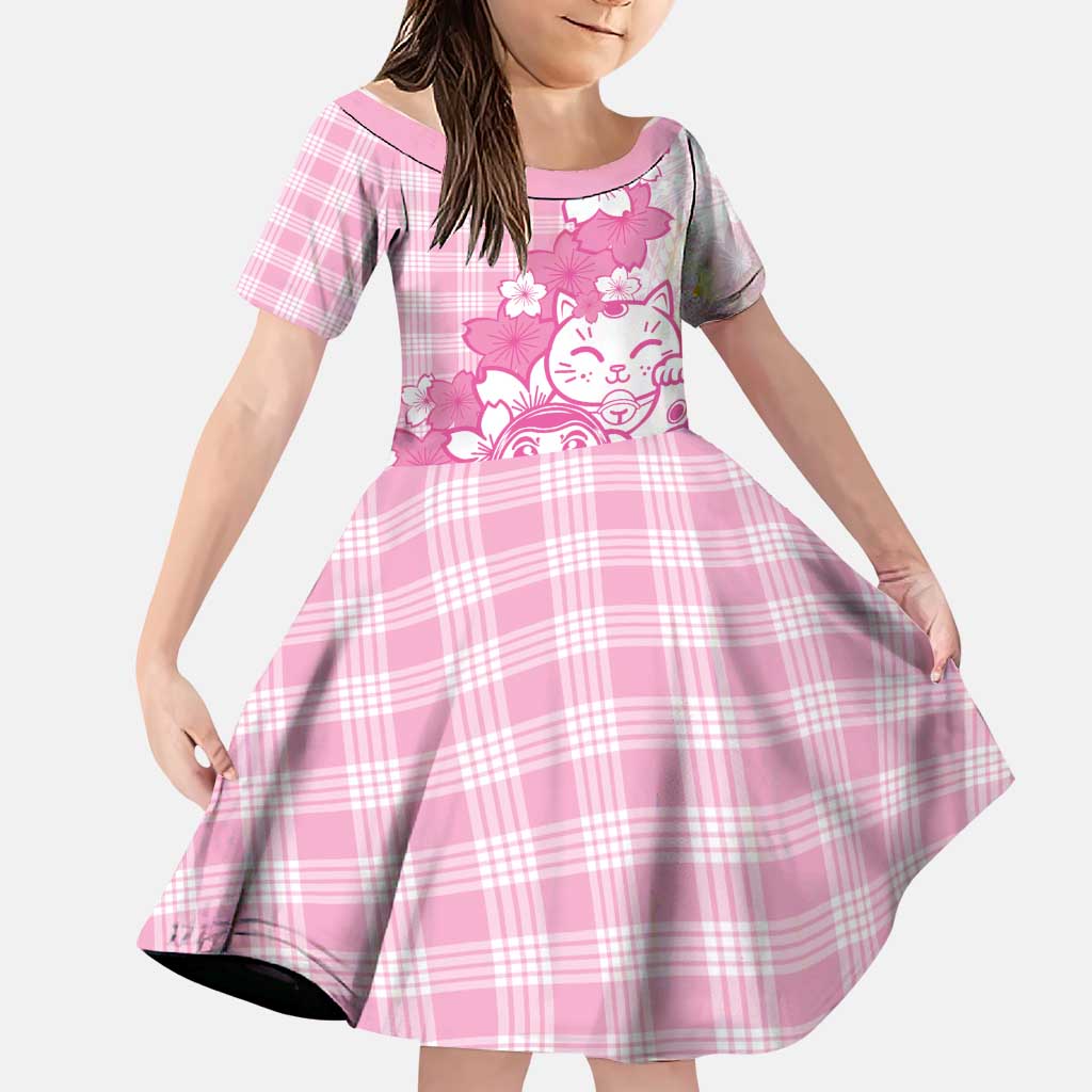 Pink Palaka Hawaiian And Japanese Family Matching Short Sleeve Bodycon Dress and Hawaiian Shirt Maneki Neko And Sakura Bloom