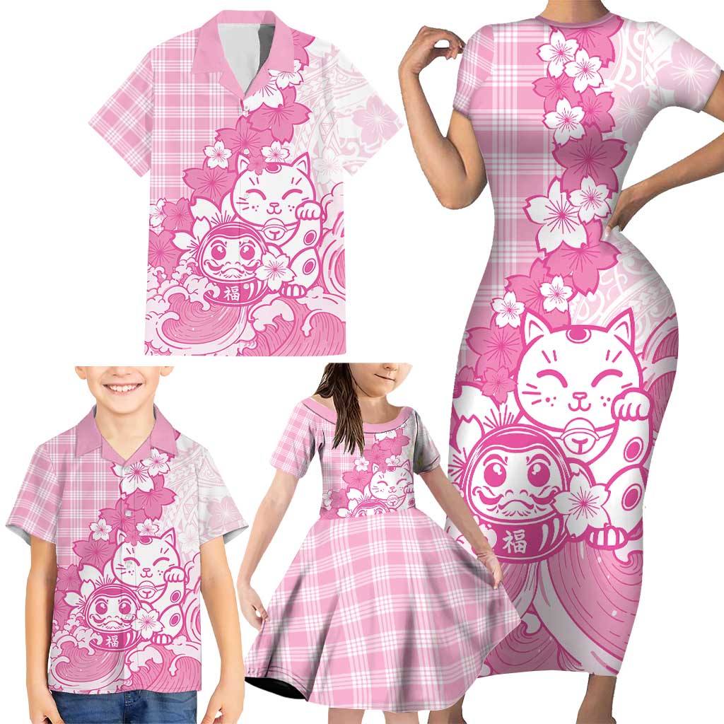 Pink Palaka Hawaiian And Japanese Family Matching Short Sleeve Bodycon Dress and Hawaiian Shirt Maneki Neko And Sakura Bloom
