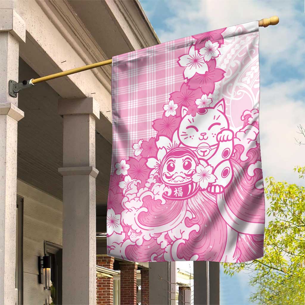 Pink Palaka Hawaiian And Japanese Garden Flag Maneki Neko And Sakura Bloom DT05 House Flag Pink - Polynesian Pride