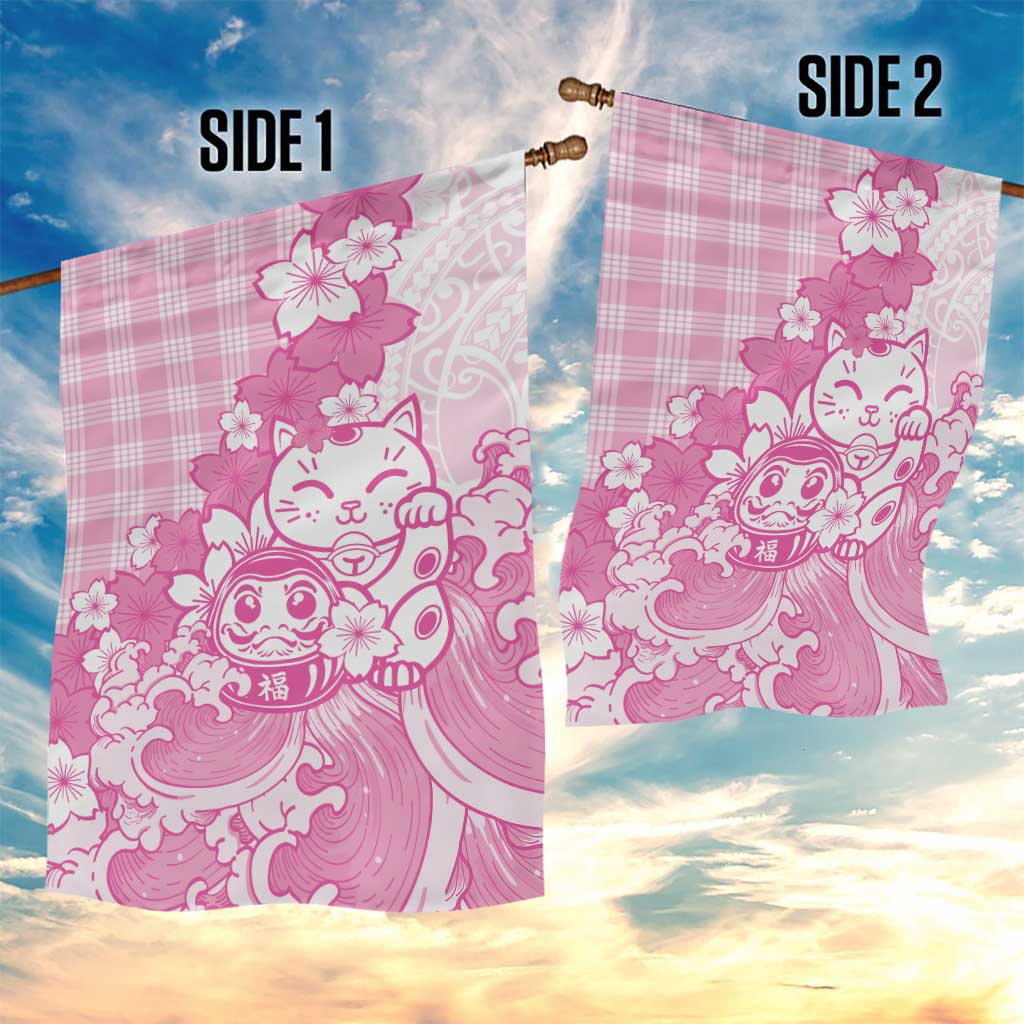 Pink Palaka Hawaiian And Japanese Garden Flag Maneki Neko And Sakura Bloom DT05 - Polynesian Pride
