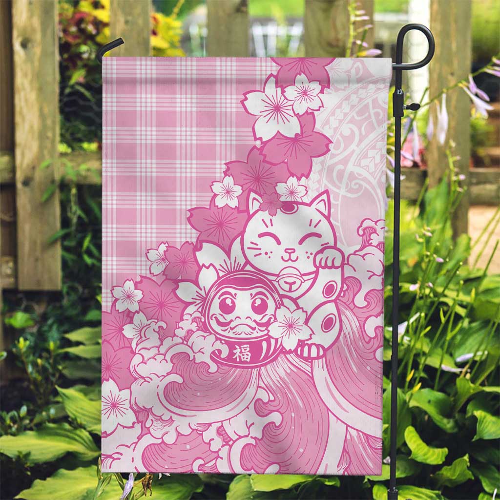 Pink Palaka Hawaiian And Japanese Garden Flag Maneki Neko And Sakura Bloom DT05 Garden Flag Pink - Polynesian Pride