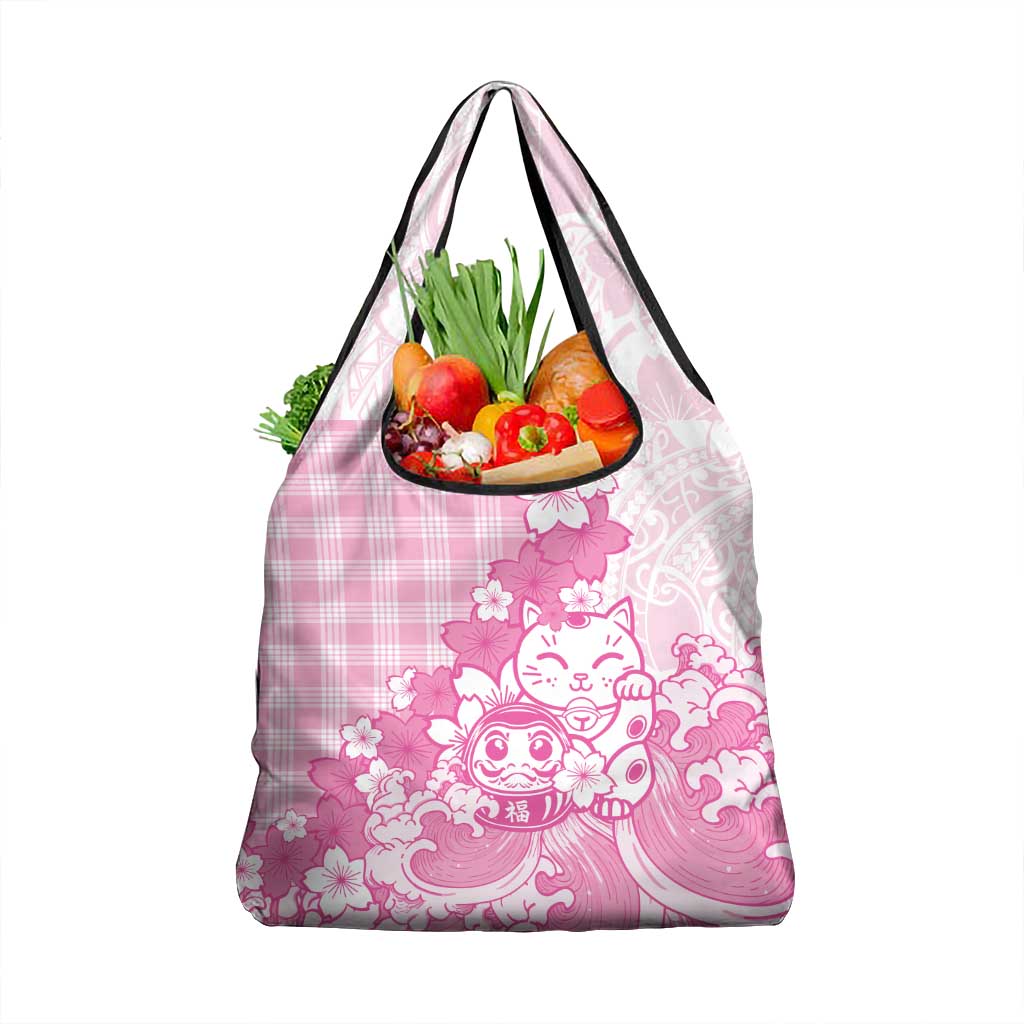 Pink Palaka Hawaiian And Japanese Grocery Bag Maneki Neko And Sakura Bloom DT05 1-pack One Size Pink - Polynesian Pride