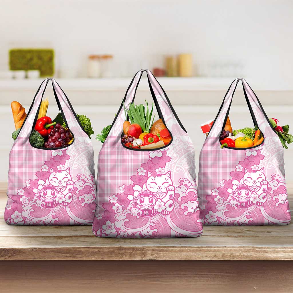 Pink Palaka Hawaiian And Japanese Grocery Bag Maneki Neko And Sakura Bloom DT05 3-pack One Size Pink - Polynesian Pride