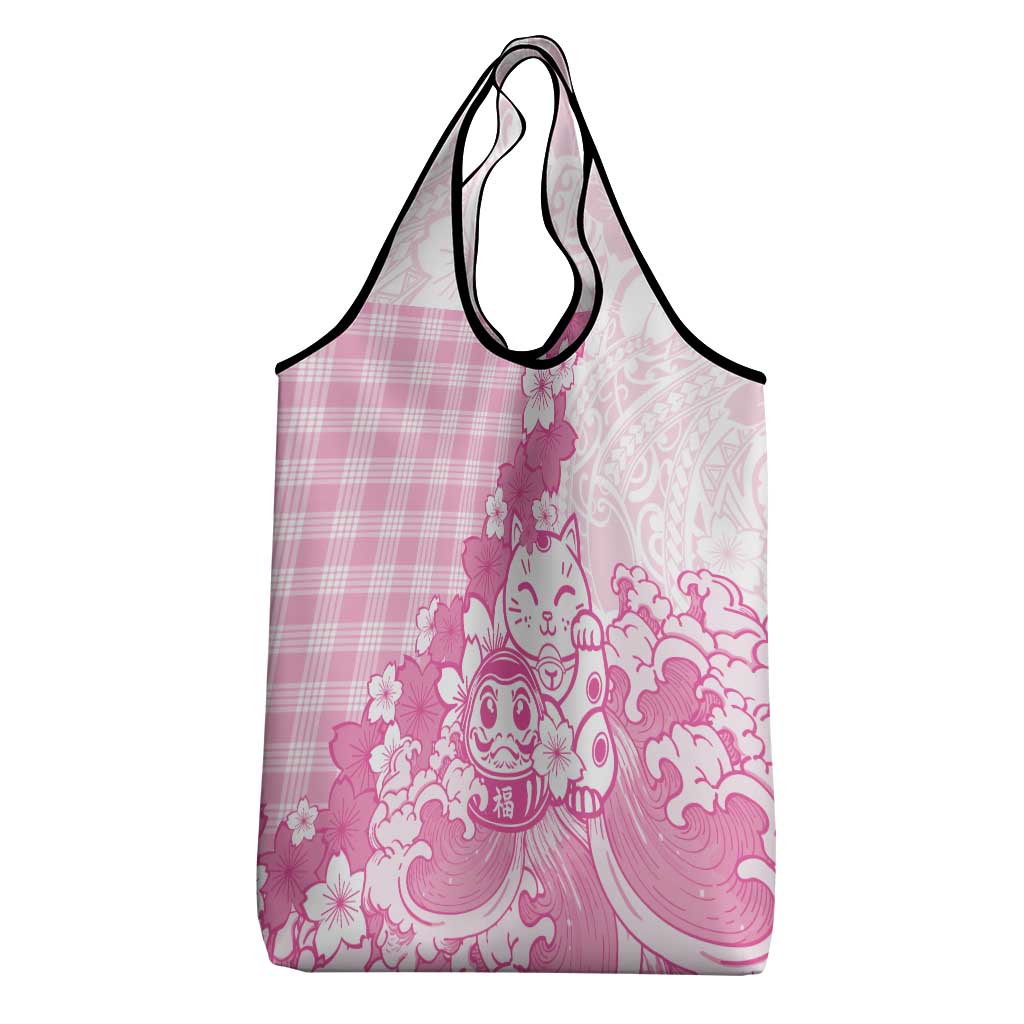 Pink Palaka Hawaiian And Japanese Grocery Bag Maneki Neko And Sakura Bloom DT05 - Polynesian Pride