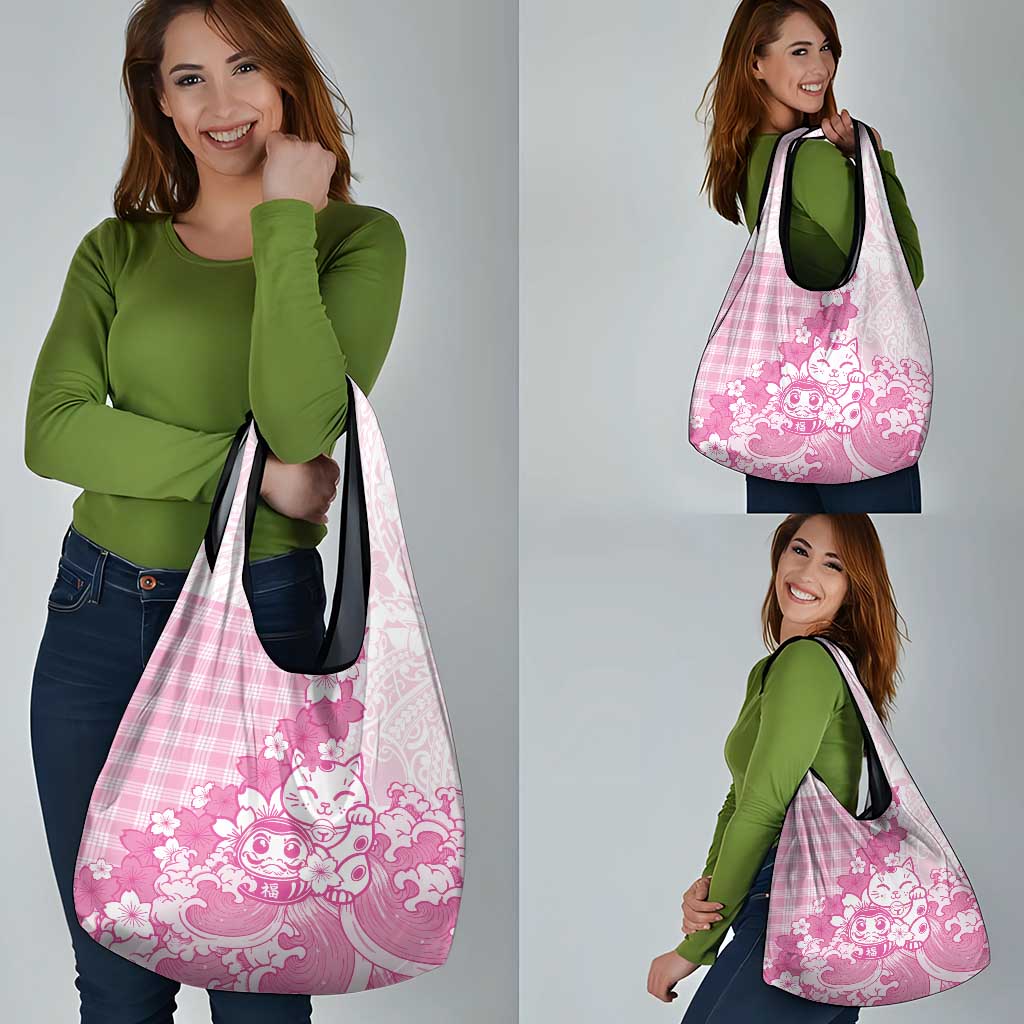 Pink Palaka Hawaiian And Japanese Grocery Bag Maneki Neko And Sakura Bloom DT05 - Polynesian Pride