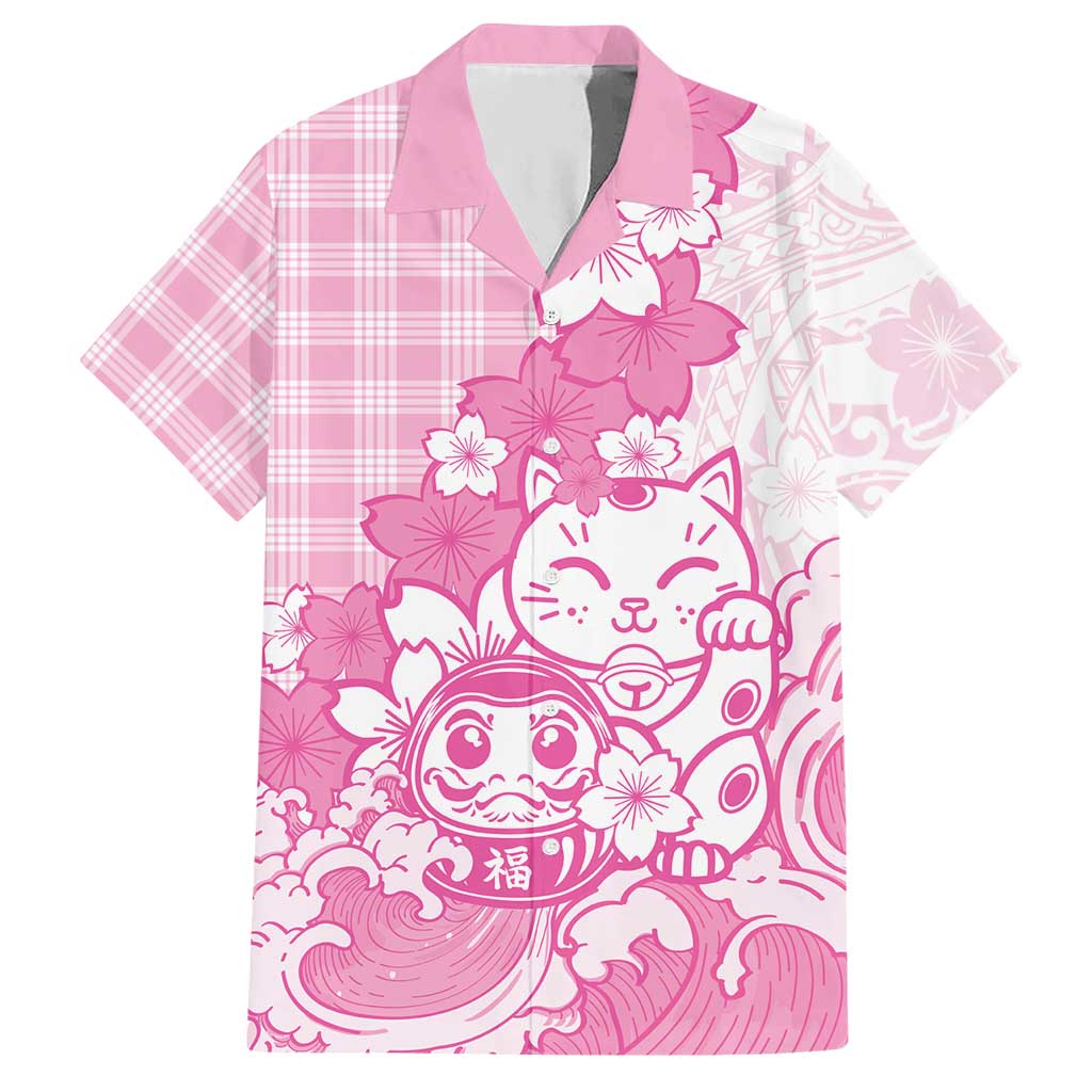 Pink Palaka Hawaiian And Japanese Hawaiian Shirt Maneki Neko And Sakura Bloom DT05 Pink - Polynesian Pride