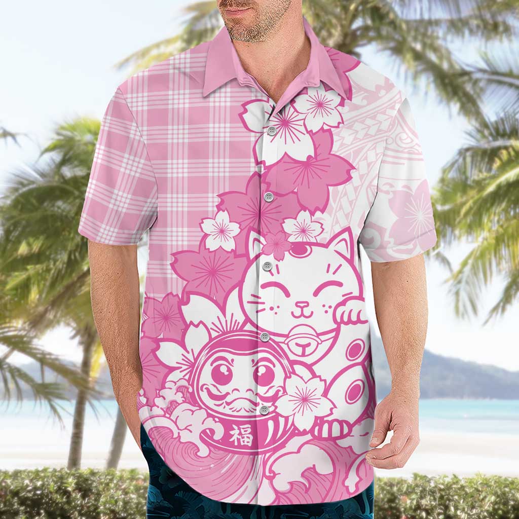 Pink Palaka Hawaiian And Japanese Hawaiian Shirt Maneki Neko And Sakura Bloom DT05 - Polynesian Pride