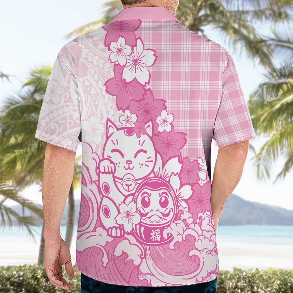 Pink Palaka Hawaiian And Japanese Hawaiian Shirt Maneki Neko And Sakura Bloom DT05 - Polynesian Pride