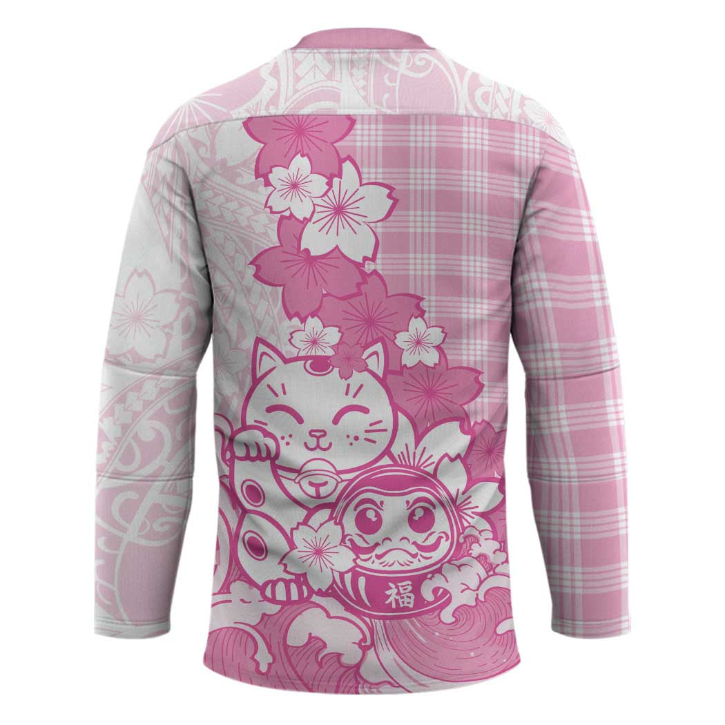 Pink Palaka Hawaiian And Japanese Hockey Jersey Maneki Neko And Sakura Bloom