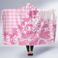 Pink Palaka Hawaiian And Japanese Hooded Blanket Maneki Neko And Sakura Bloom DT05 One Size Pink - Polynesian Pride