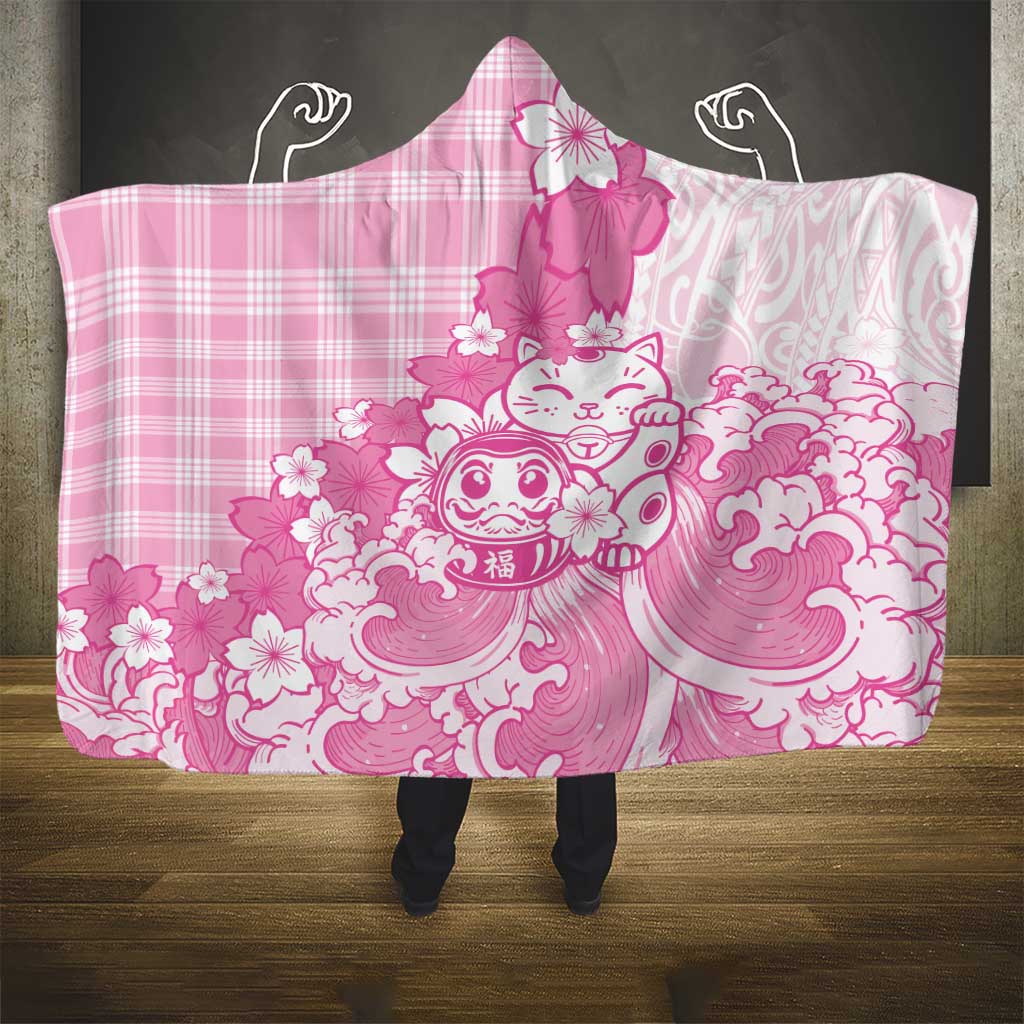 Pink Palaka Hawaiian And Japanese Hooded Blanket Maneki Neko And Sakura Bloom DT05 - Polynesian Pride
