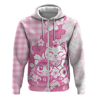 Pink Palaka Hawaiian And Japanese Hoodie Maneki Neko And Sakura Bloom DT05 Zip Hoodie Pink - Polynesian Pride