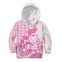 Pink Palaka Hawaiian And Japanese Kid Hoodie Maneki Neko And Sakura Bloom DT05 Hoodie Pink - Polynesian Pride