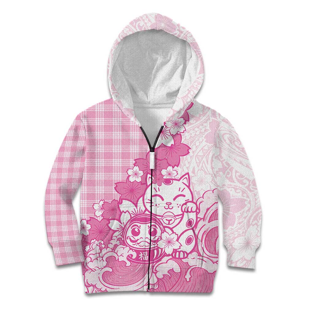 Pink Palaka Hawaiian And Japanese Kid Hoodie Maneki Neko And Sakura Bloom DT05 Zip Hoodie Pink - Polynesian Pride