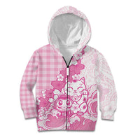 Pink Palaka Hawaiian And Japanese Kid Hoodie Maneki Neko And Sakura Bloom DT05 Zip Hoodie Pink - Polynesian Pride