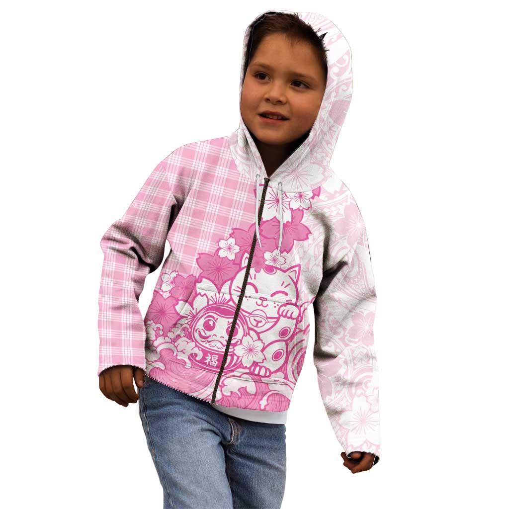 Pink Palaka Hawaiian And Japanese Kid Hoodie Maneki Neko And Sakura Bloom DT05 - Polynesian Pride