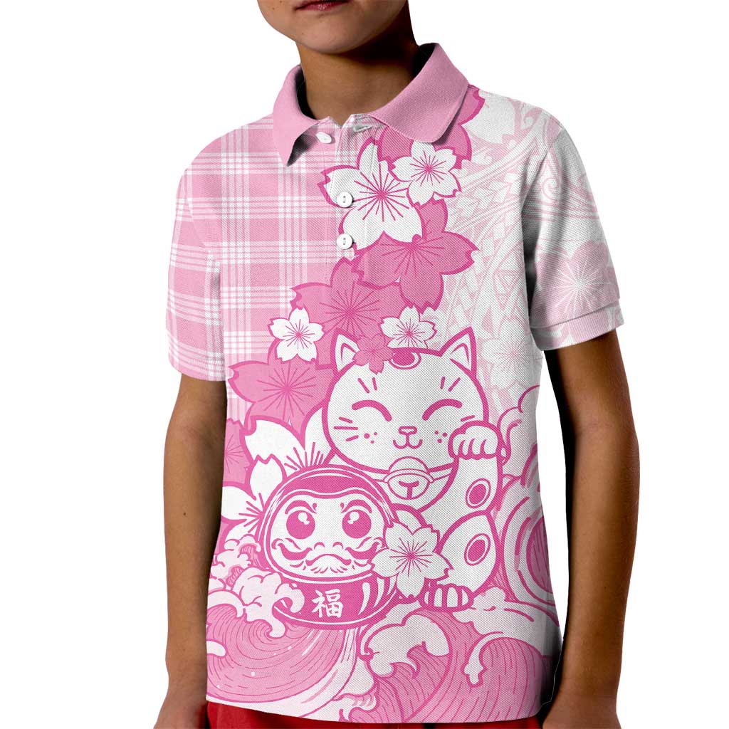 Pink Palaka Hawaiian And Japanese Kid Polo Shirt Maneki Neko And Sakura Bloom DT05 Kid Pink - Polynesian Pride