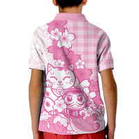 Pink Palaka Hawaiian And Japanese Kid Polo Shirt Maneki Neko And Sakura Bloom DT05 - Polynesian Pride