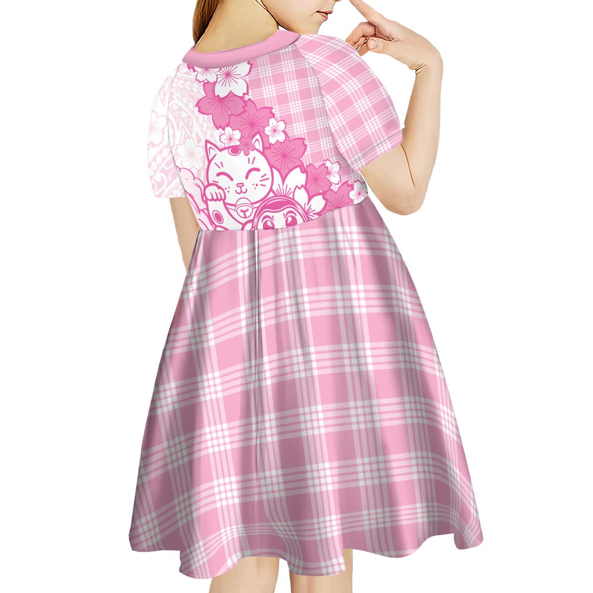 Pink Palaka Hawaiian And Japanese Kid Short Sleeve Dress Maneki Neko And Sakura Bloom DT05 - Polynesian Pride