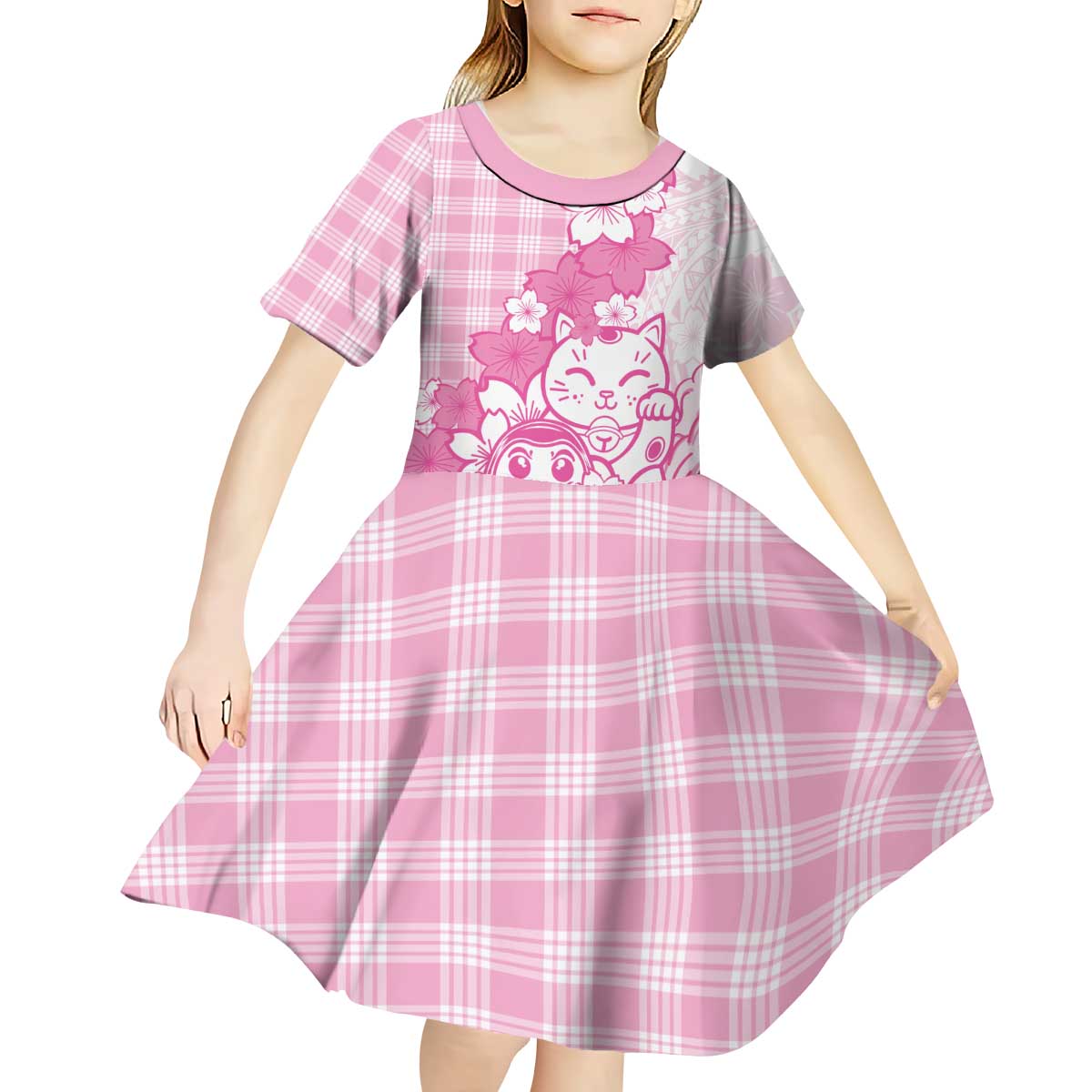 Pink Palaka Hawaiian And Japanese Kid Short Sleeve Dress Maneki Neko And Sakura Bloom DT05 - Polynesian Pride