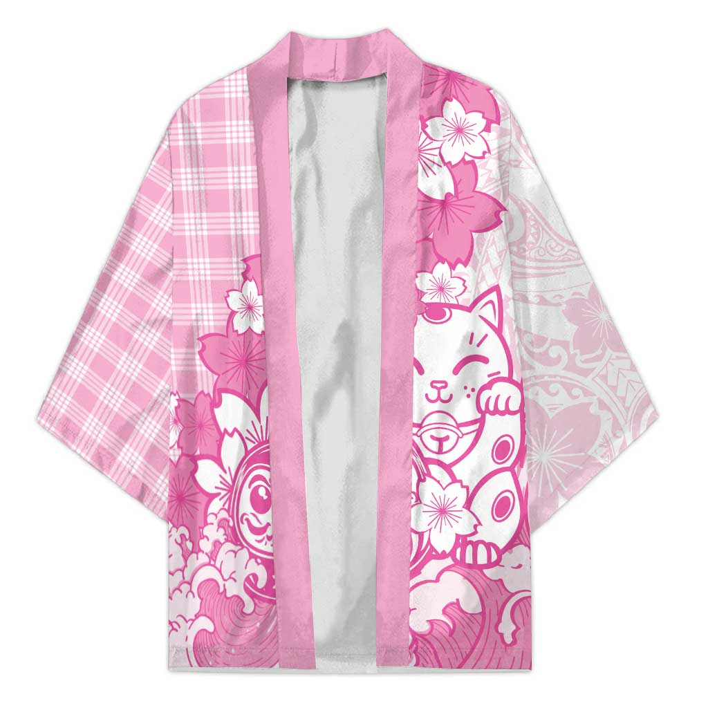 Pink Palaka Hawaiian And Japanese Kimono Maneki Neko And Sakura Bloom DT05 Unisex Pink - Polynesian Pride