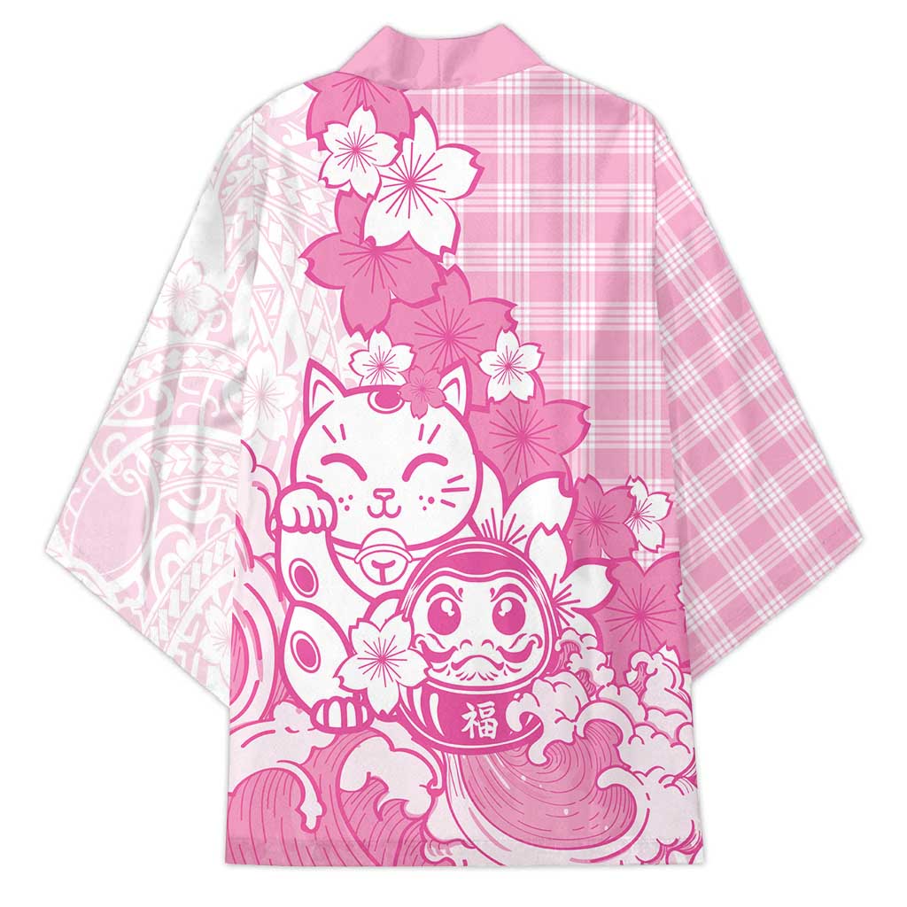Pink Palaka Hawaiian And Japanese Kimono Maneki Neko And Sakura Bloom DT05 - Polynesian Pride