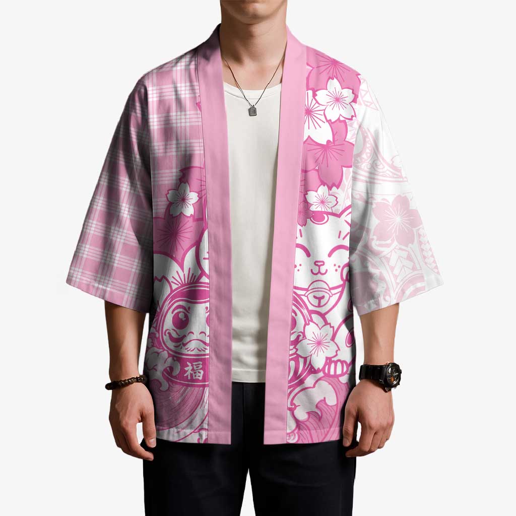 Pink Palaka Hawaiian And Japanese Kimono Maneki Neko And Sakura Bloom DT05 - Polynesian Pride