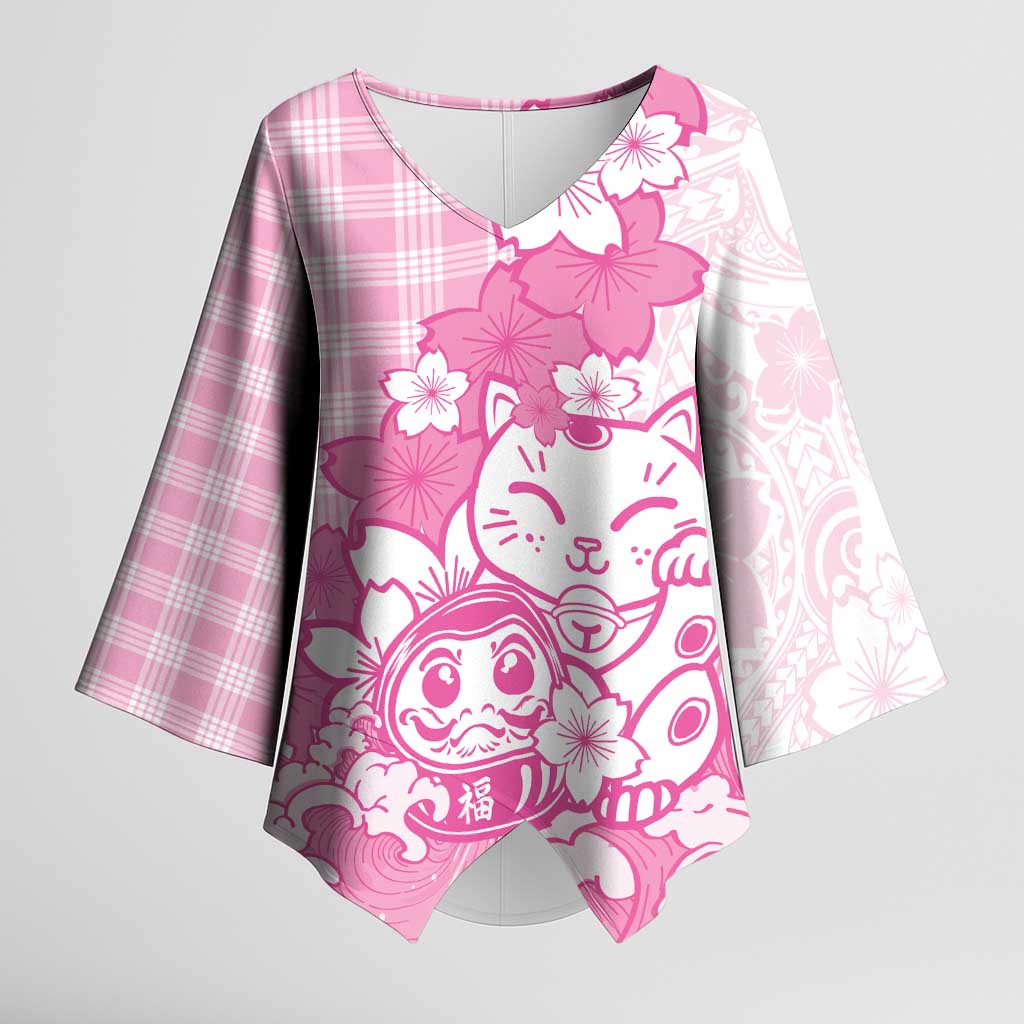 Pink Palaka Hawaiian And Japanese Kimono Sleeve Blouse Maneki Neko And Sakura Bloom DT05 Female Pink - Polynesian Pride
