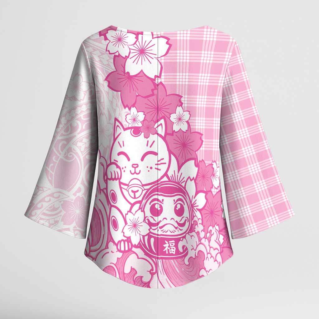 Pink Palaka Hawaiian And Japanese Kimono Sleeve Blouse Maneki Neko And Sakura Bloom DT05 - Polynesian Pride