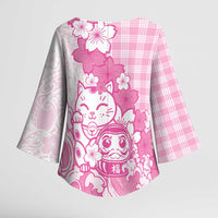 Pink Palaka Hawaiian And Japanese Kimono Sleeve Blouse Maneki Neko And Sakura Bloom DT05 - Polynesian Pride