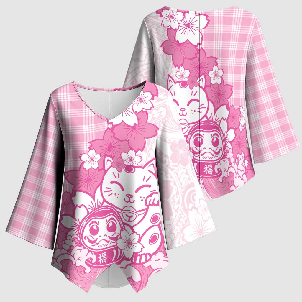 Pink Palaka Hawaiian And Japanese Kimono Sleeve Blouse Maneki Neko And Sakura Bloom DT05 - Polynesian Pride