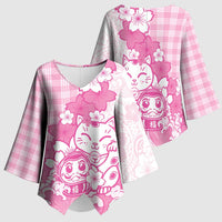 Pink Palaka Hawaiian And Japanese Kimono Sleeve Blouse Maneki Neko And Sakura Bloom DT05 - Polynesian Pride