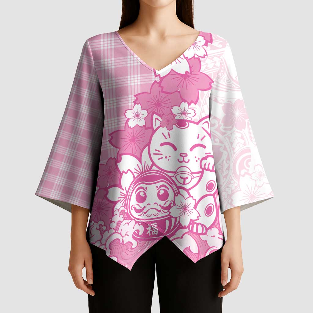 Pink Palaka Hawaiian And Japanese Kimono Sleeve Blouse Maneki Neko And Sakura Bloom DT05 - Polynesian Pride