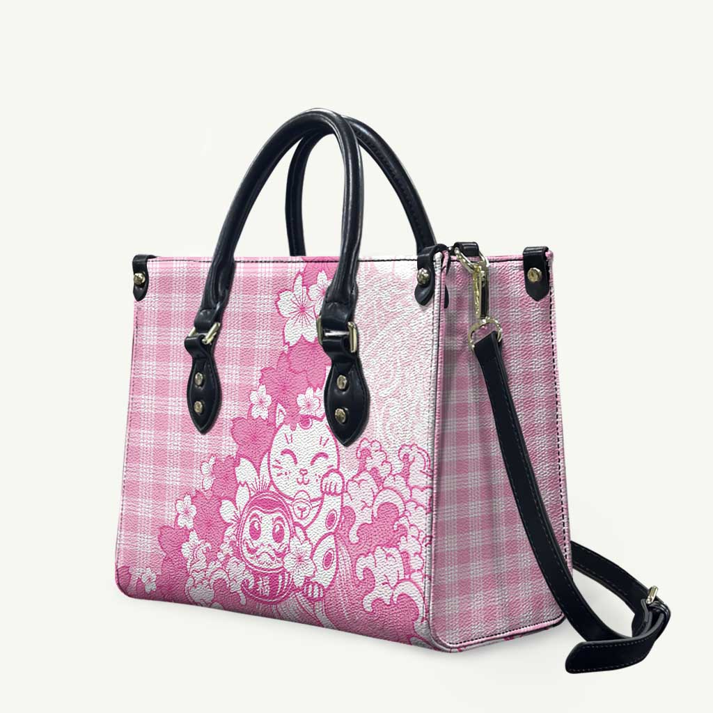 Pink Palaka Hawaiian And Japanese Leather Bag Maneki Neko And Sakura Bloom DT05 Pink - Polynesian Pride