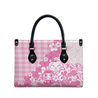 Pink Palaka Hawaiian And Japanese Leather Bag Maneki Neko And Sakura Bloom DT05 - Polynesian Pride