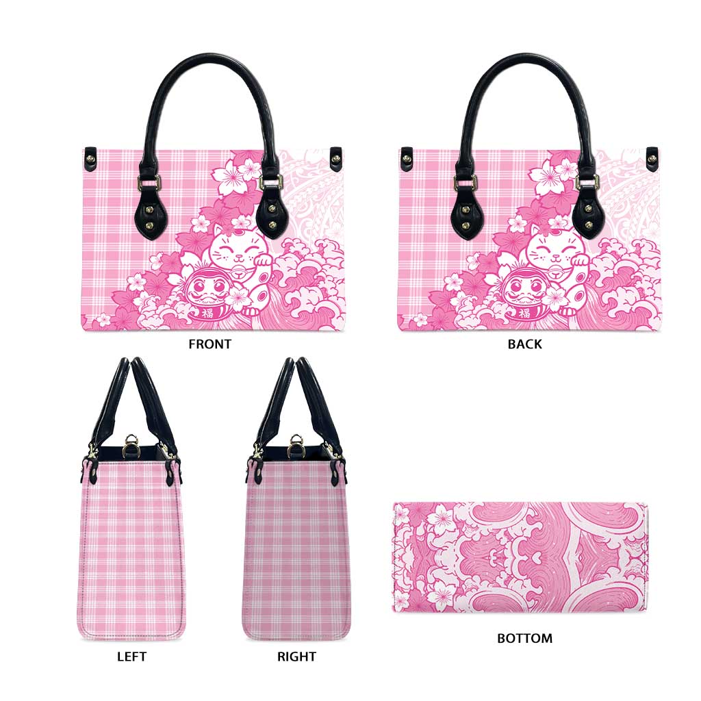 Pink Palaka Hawaiian And Japanese Leather Bag Maneki Neko And Sakura Bloom DT05 - Polynesian Pride