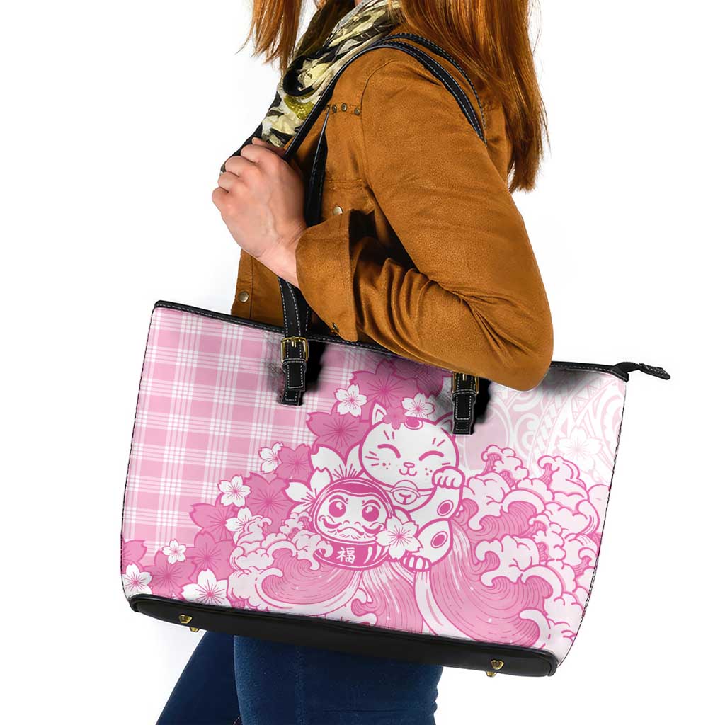Pink Palaka Hawaiian And Japanese Leather Tote Bag Maneki Neko And Sakura Bloom DT05 Pink - Polynesian Pride