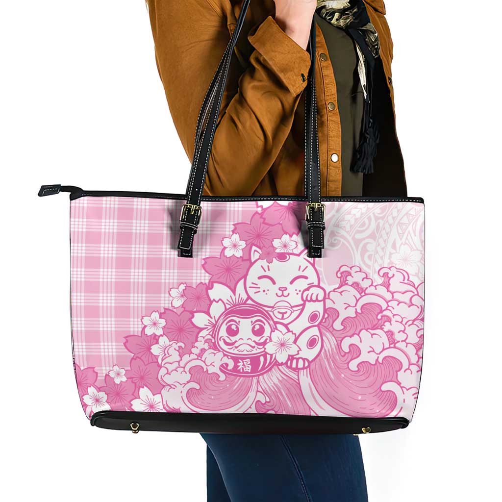 Pink Palaka Hawaiian And Japanese Leather Tote Bag Maneki Neko And Sakura Bloom DT05 - Polynesian Pride