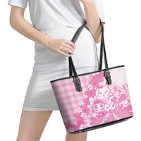Pink Palaka Hawaiian And Japanese Leather Tote Bag Maneki Neko And Sakura Bloom DT05 - Polynesian Pride